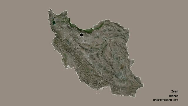 Hormozgan, province of Iran, with its capital, localized, outlined and zoomed with informative overlays on a satellite map in the Stereographic projection. Animation 3D