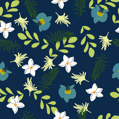 Seamless Vector Floral Blue on blue background design Pattern. Great for Fabrics, Scrap booking, bullet journal, textiles, blankets, pillows, cover,