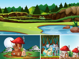 Four different scene of fantasy world with fantasy places and fantasy characters