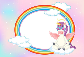 Obraz premium Blank banner with cute unicorn in the pastel sky background