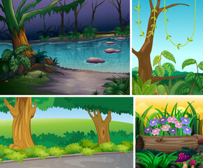 Obraz na płótnie Canvas Four different nature scene of forest and swamp cartoon style