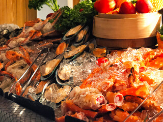 Seafood Buffet bar of lobster, prawns, squid, mussels.