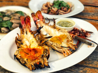 Grilled prawns,Grilled fresh big shrimp with spicy sauce (Thai Food)