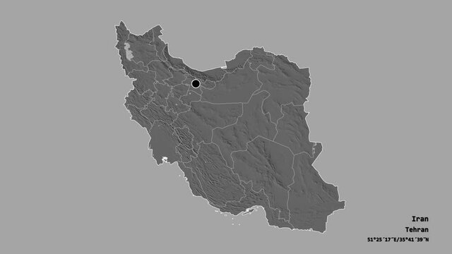 Lorestan, province of Iran, with its capital, localized, outlined and zoomed with informative overlays on a bilevel map in the Stereographic projection. Animation 3D