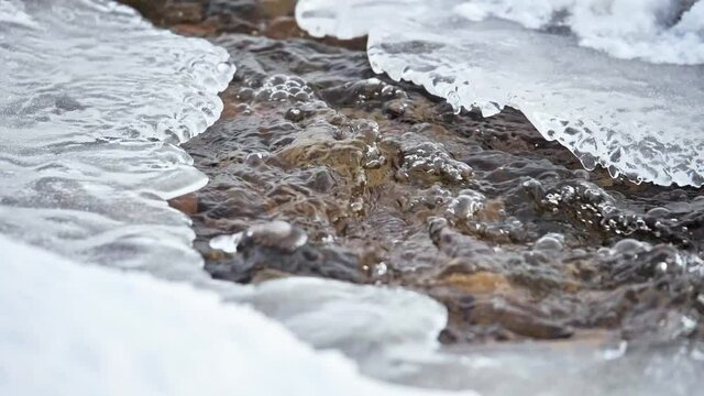 A small stream is flowing under the ice, closeup of river with ice in spring