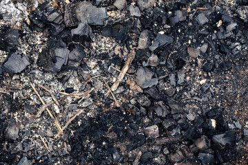 Natural ash charcoal fire place texture background. Closeup macro of old aged burnt wood. Abstract...