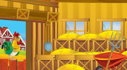 Cartoon scene with wooden chicken coop for hen and eggs