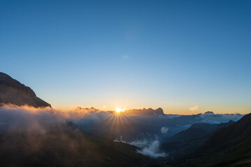 Fototapeta na wymiar Italain Alps at sunrise, Passo Pordoi, Val Gardena, South Tyrol, Dolomites Italy