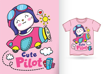 Cute little pilot cat illustration for t shirt