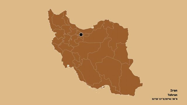 West Azarbaijan, province of Iran, with its capital, localized, outlined and zoomed with informative overlays on a solid patterned map in the Stereographic projection. Animation 3D