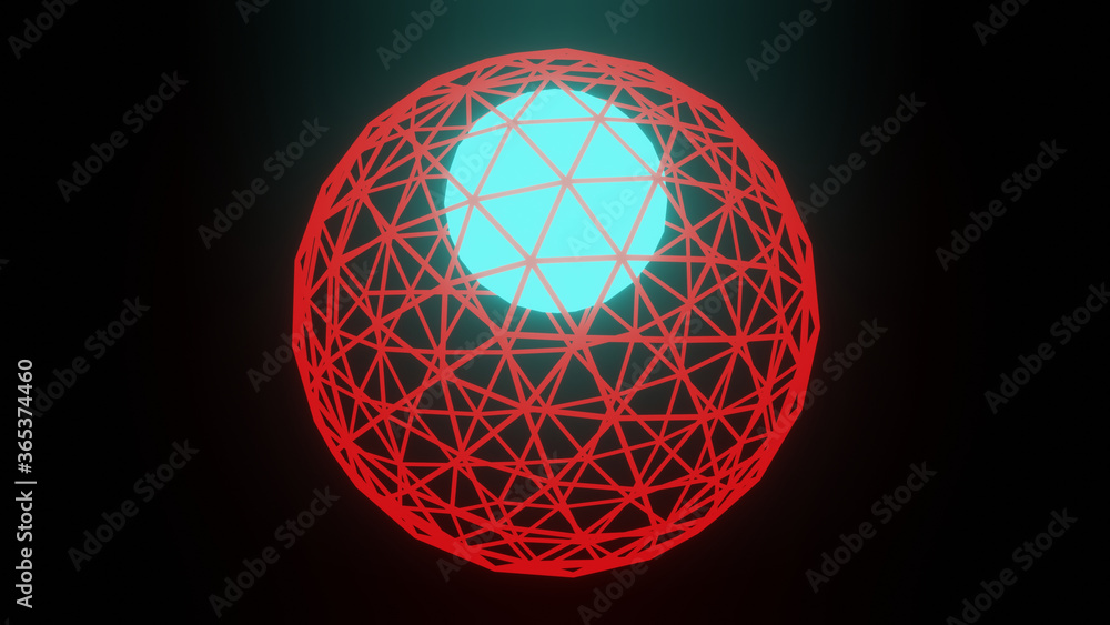 Poster illustration graphic of red wireframe sphere or circle with a glowing blue color energy ball at cent