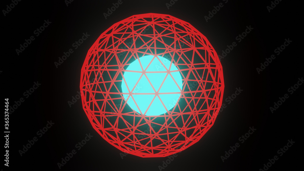 Poster illustration graphic of red wireframe sphere or circle with a glowing blue color energy ball at cent