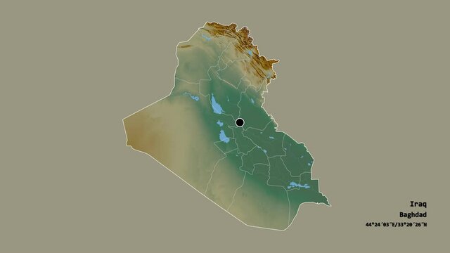 Al-Basrah, province of Iraq, with its capital, localized, outlined and zoomed with informative overlays on a relief map in the Stereographic projection. Animation 3D