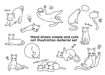 Hand drawn set of simple and cute cat illustration materials