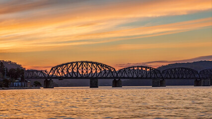 Sunset at the heritage-listed Hawkesbury River Railway Bridge, Brooklyn, NSW, Australia
