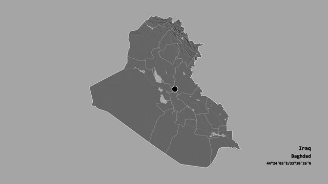 Arbil, province of Iraq, with its capital, localized, outlined and zoomed with informative overlays on a bilevel map in the Stereographic projection. Animation 3D