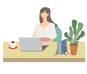 女性　デスクワーク　テレワーク　リモートワーク　ビジネス　自宅　ノートパソコン　ベクター　イラスト