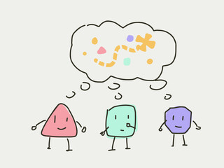 Group of cartoon character thinking about the same thing, road map and goal. Brainstorming and discussing concept in flat style doodle. 3 cartoon character discuss about the same topic. Company office