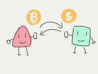 Two cartoon character exchange bitcoin with dollar. Cryptocurrency exchange. People buy and sell cryptocurrency or bitcoin with US dollar. Coin of currency flying in the air. Art of flat design