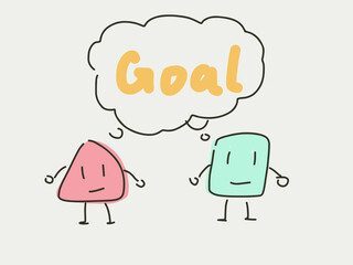 Group of cartoon character thinking about the same thing, goal setting. Brainstorming and discussing concept in flat style doodle. 2 cartoon character discuss about the same topic. Company office
