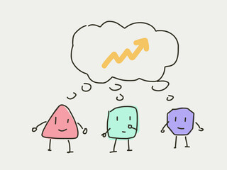 Group of cartoon character thinking about the same thing, increasing chart. Brainstorming and discussing concept in flat style doodle. 3 cartoon character discuss about the same topic. Company office