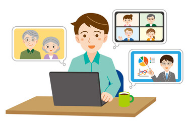 自宅のノートパソコンでオンライン作業をする男性のイラスト/白背景