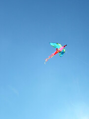 Fototapeta na wymiar blue sky and a flying kite and copy spase
