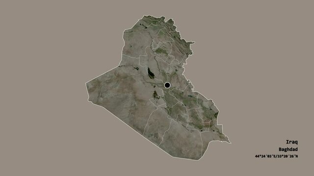 Babil, province of Iraq, with its capital, localized, outlined and zoomed with informative overlays on a satellite map in the Stereographic projection. Animation 3D