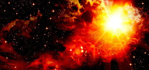 Fototapeta na wymiar Outer space, explosion of a red star, bright light, sun, on a black background, nebula, clouds, fantasy, astronomy, space, glitter of stars, cluster of stars