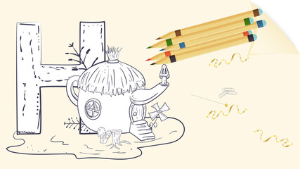 illustration layout banner of the English alphabet for learning the alphabet letter H house on a sheet of paper with colored pencils outline Doodle