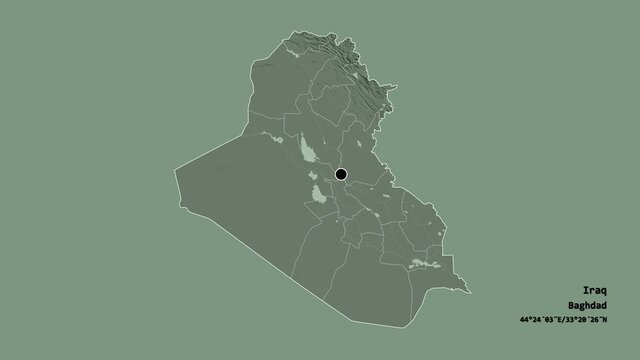 Karbala', province of Iraq, with its capital, localized, outlined and zoomed with informative overlays on a administrative map in the Stereographic projection. Animation 3D