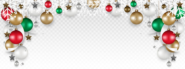 Christmas decoration border with White snowflake, Christmas ball, Stars, and Ribbon hanging on transparent background. Xmas ornament. Ball bauble. Vector illustration.