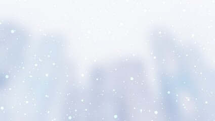 Snowy weather in big city blurred background. Light skyscrapers abstract winter banner. Pastel blue color.