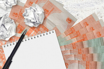 3 cuban pesos convertibles bills and balls of crumpled paper with blank notepad. Bad ideas or less...