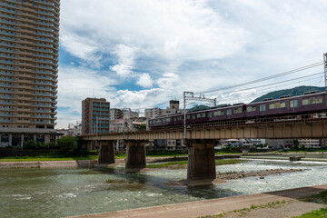 View of Takarazuka city along Muko river in Osaka, Japan