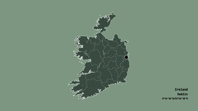 Donegal, county of Ireland, with its capital, localized, outlined and zoomed with informative overlays on a administrative map in the Stereographic projection. Animation 3D