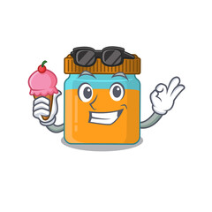 A cartoon drawing of honey jar holding cone ice cream