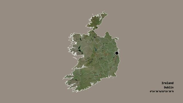 Donegal, county of Ireland, with its capital, localized, outlined and zoomed with informative overlays on a satellite map in the Stereographic projection. Animation 3D