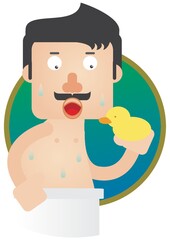 man holding a rubber duck in the shower