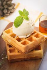 plain waffle with vanilla ice cream on top