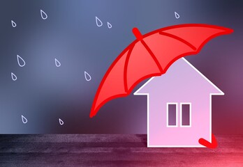 Red umbrella protects little house from rain. Dark blue blur background. Smooth wooden surface texture.