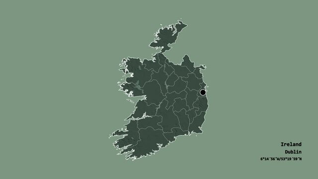 Kildare, county of Ireland, with its capital, localized, outlined and zoomed with informative overlays on a administrative map in the Stereographic projection. Animation 3D