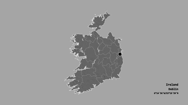 Kildare, county of Ireland, with its capital, localized, outlined and zoomed with informative overlays on a bilevel map in the Stereographic projection. Animation 3D