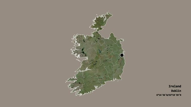 Kildare, county of Ireland, with its capital, localized, outlined and zoomed with informative overlays on a satellite map in the Stereographic projection. Animation 3D