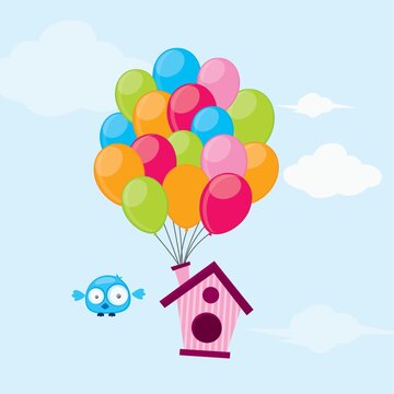balloons tied to bird house