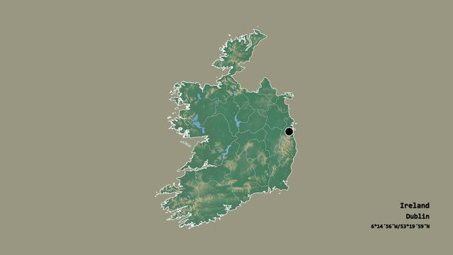 Kilkenny, county of Ireland, with its capital, localized, outlined and zoomed with informative overlays on a relief map in the Stereographic projection. Animation 3D
