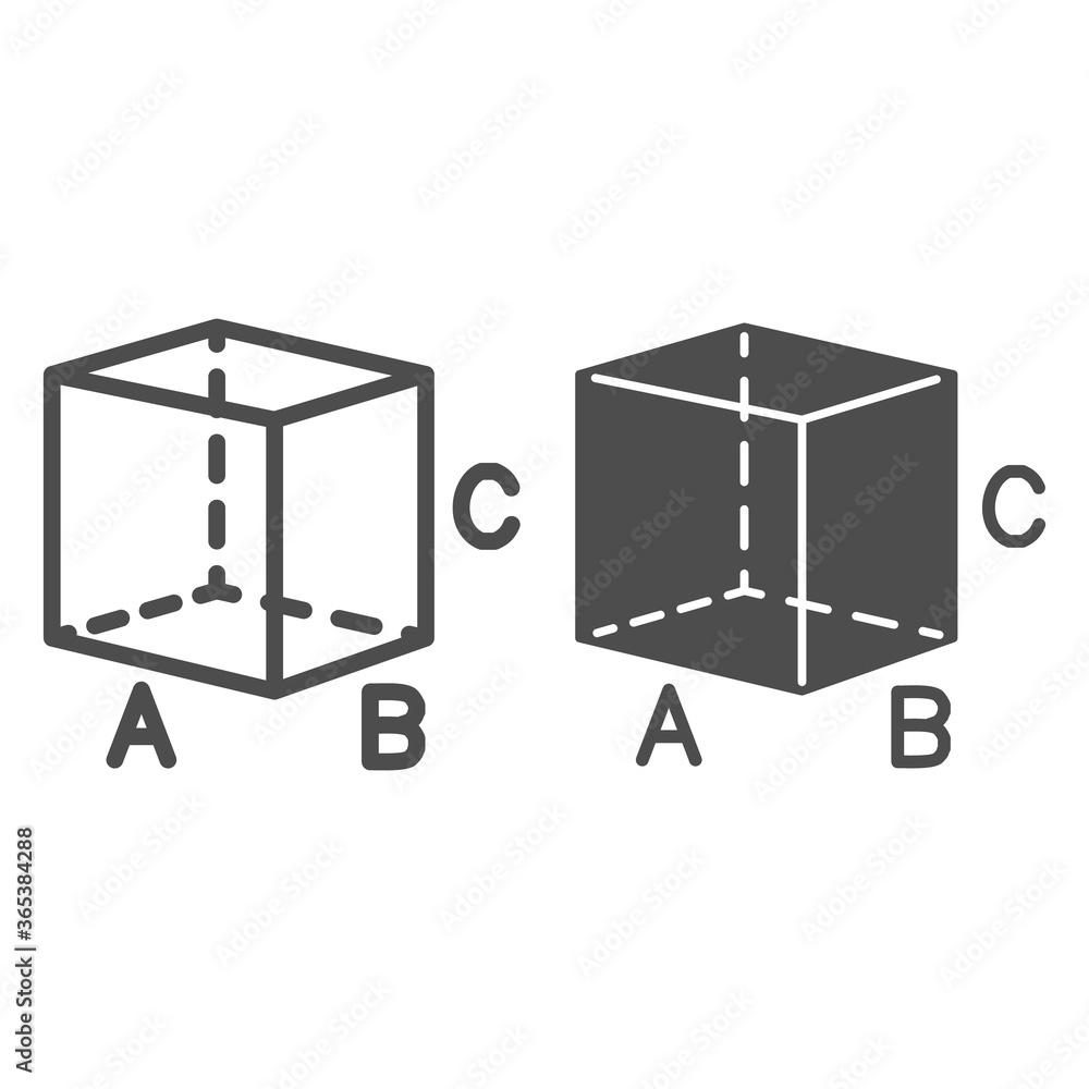 Poster cube with signed sides line and solid icon, geometry concept, geometric transparent figure sign on w