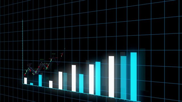 4k HUD graph with rising up arrow and bar stats;Financial data and diagrams showing a steady increase in profits;growing charts and flowing counters of numbers;Business digital trend.