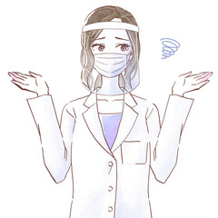 白衣を着てフェイスシールドとマスクを付けて困った表情の若い女性