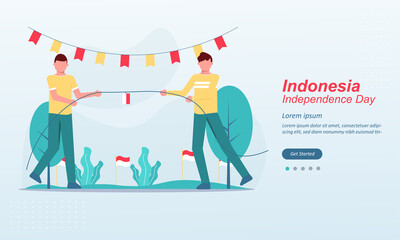 Happy indonesia Independence Day, 17 august 1945, celebrations with playing traditional game, cracker eating, sack races, spoon race, tug of war, Suitable for web landing page, social media post, ui, 